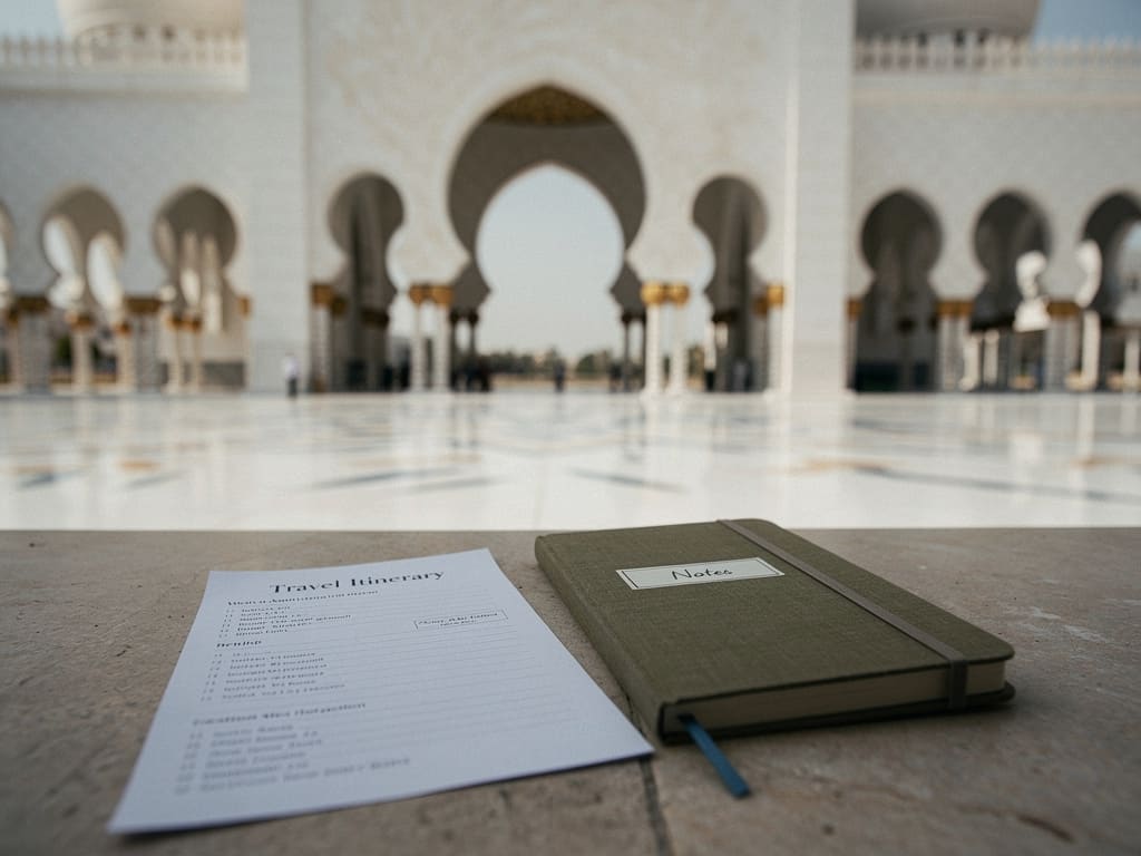 Printed visit plan set against the architecture of Qasr Al Watan