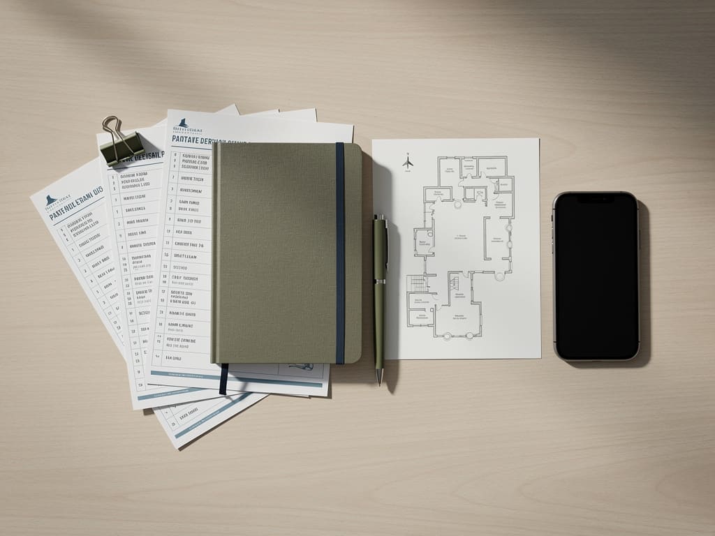Printed itinerary, palace route sketch, notebook, and phone arranged for visit planning
